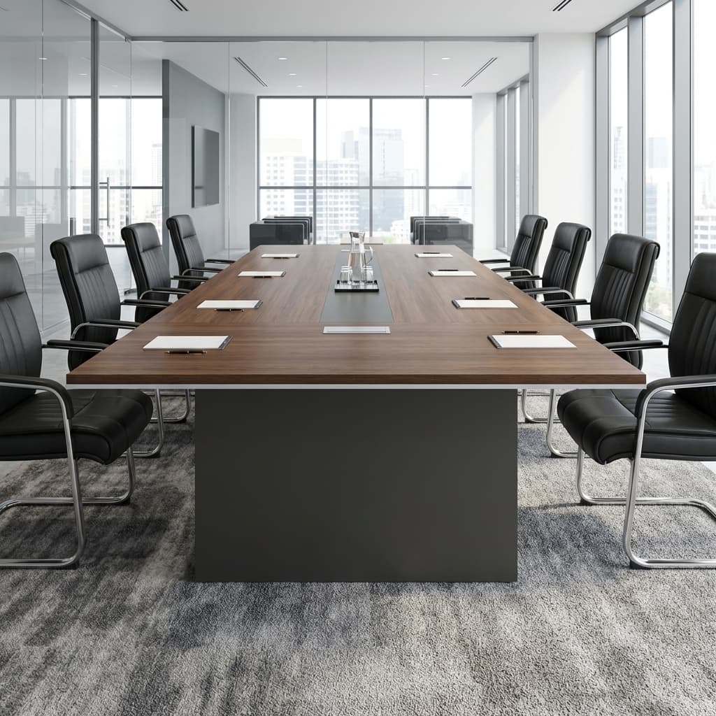 Shop the flagship Executive Boardroom Conference Table. Features a rich walnut finish, integrated multimedia power channels, and large seating capacity.