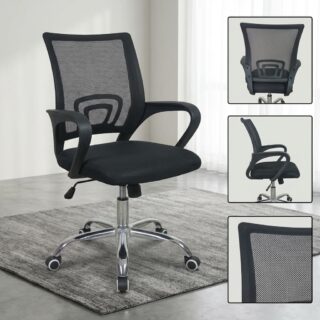A black Mesh Swivel Office Chair featuring a contoured breathable mesh backrest, integrated lower lumbar support, curved black plastic armrests, a padded mesh fabric seat cushion, and a five-star polished chrome wheeled base.