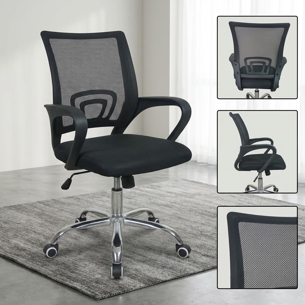 A black Mesh Swivel Office Chair featuring a contoured breathable mesh backrest, integrated lower lumbar support, curved black plastic armrests, a padded mesh fabric seat cushion, and a five-star polished chrome wheeled base.