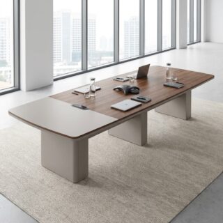 A long rectangular six-meter walnut wood and matte grey 6m Modern Boardroom Table featuring integrated central multimedia power tracks and large grey panel-leg bases.