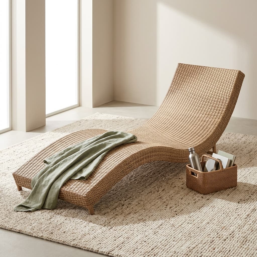 A light tan woven synthetic wicker Rattan Outdoor Chaise Lounge showing an S-curve contoured frame and low-profile integrated supportive legs.
