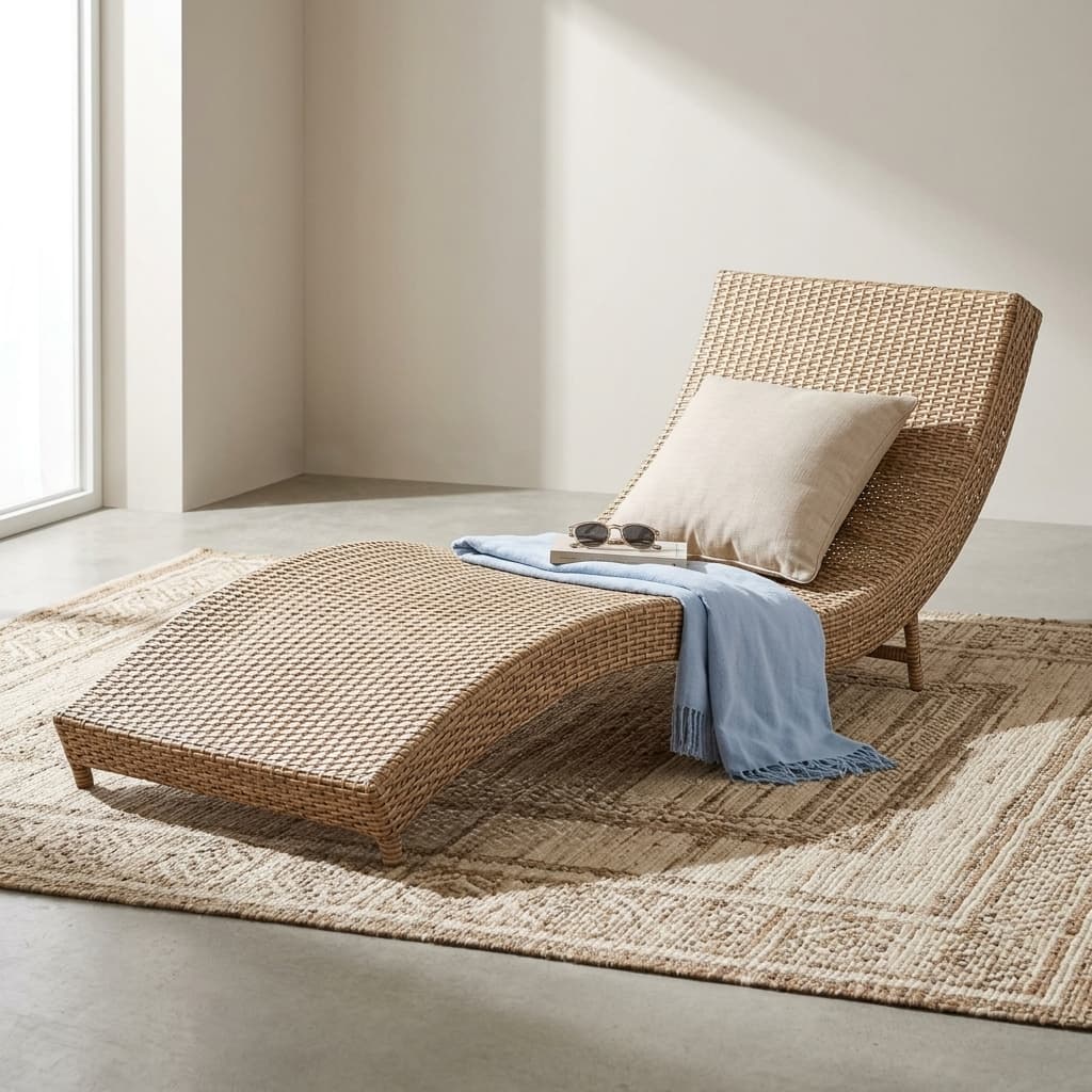 A light tan woven synthetic wicker Rattan Outdoor Chaise Lounge showing an S-curve contoured frame and low-profile integrated supportive legs.