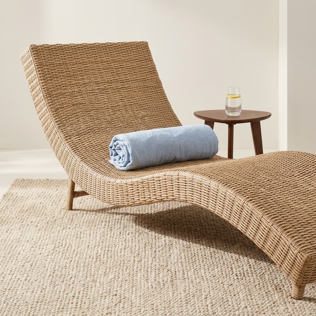 A light tan woven synthetic wicker Rattan Outdoor Chaise Lounge showing an S-curve contoured frame and low-profile integrated supportive legs.