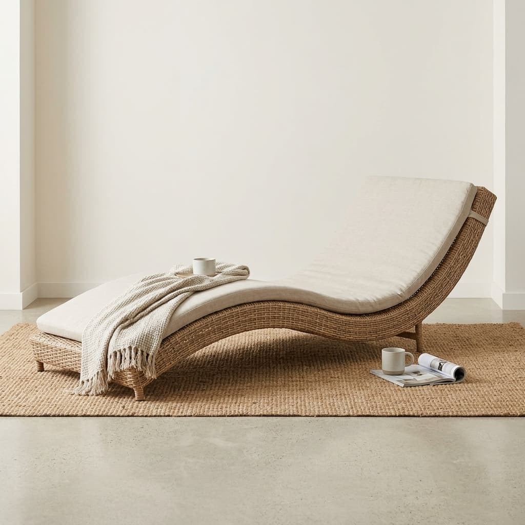 A light tan woven synthetic wicker Rattan Outdoor Chaise Lounge showing an S-curve contoured frame and low-profile integrated supportive legs.