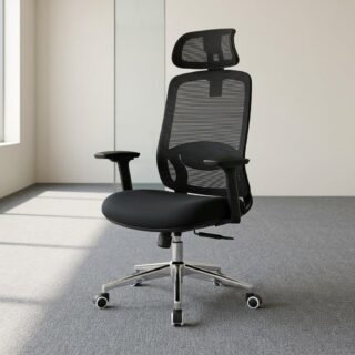 A black Ergonomic Mesh Office Chair featuring a tall breathable mesh backrest, an adjustable mesh headrest, integrated lumbar support, black armrests, and a polished chrome five-star wheeled base.