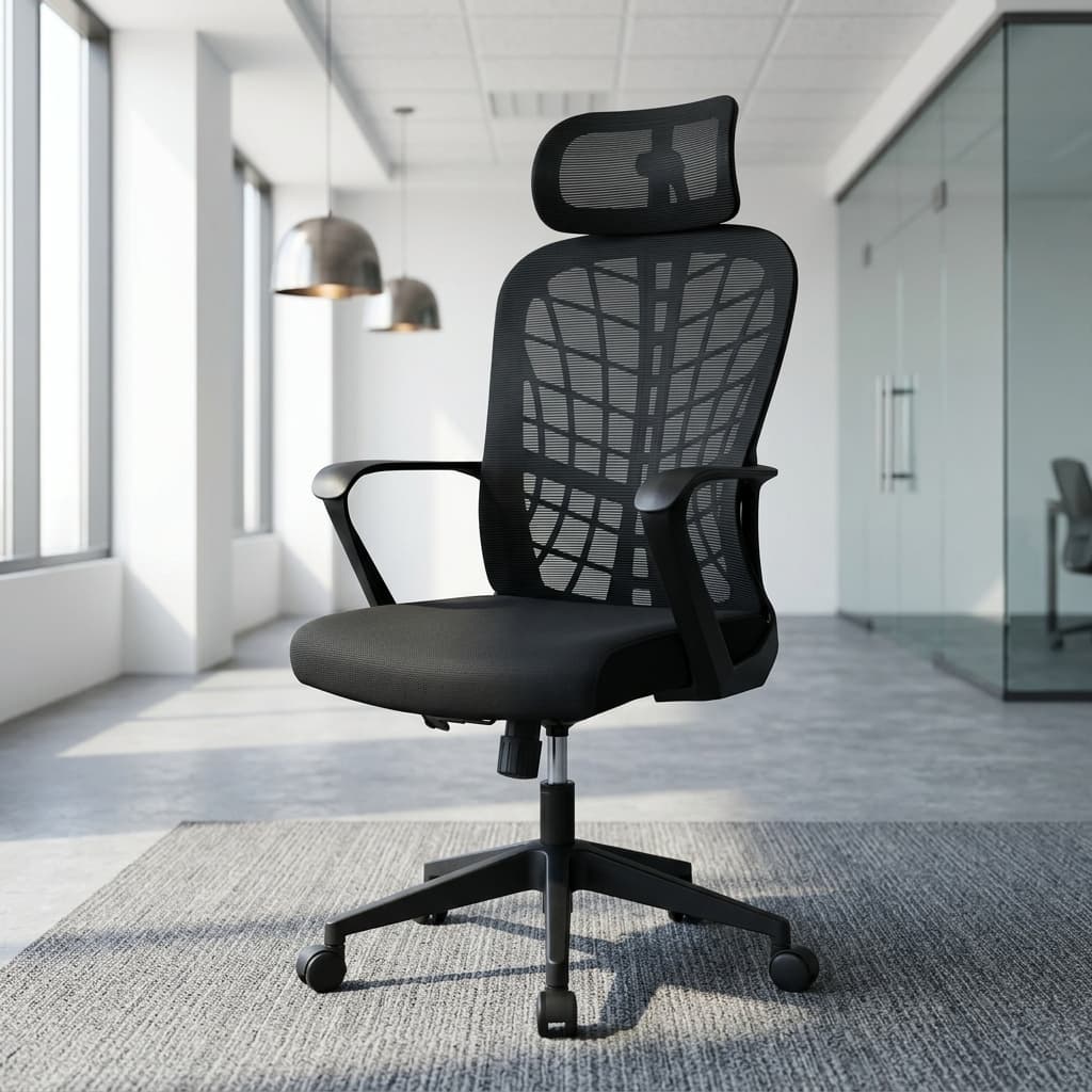 A black Ergonomic Mesh Office Chair featuring an adjustable mesh headrest, a contoured webbed mesh backrest, curved plastic armrests, a padded fabric seat cushion, and a five-star wheeled base.