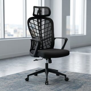 A black Ergonomic Mesh Office Chair featuring an adjustable mesh headrest, a contoured webbed mesh backrest, curved plastic armrests, a padded fabric seat cushion, and a five-star wheeled base.