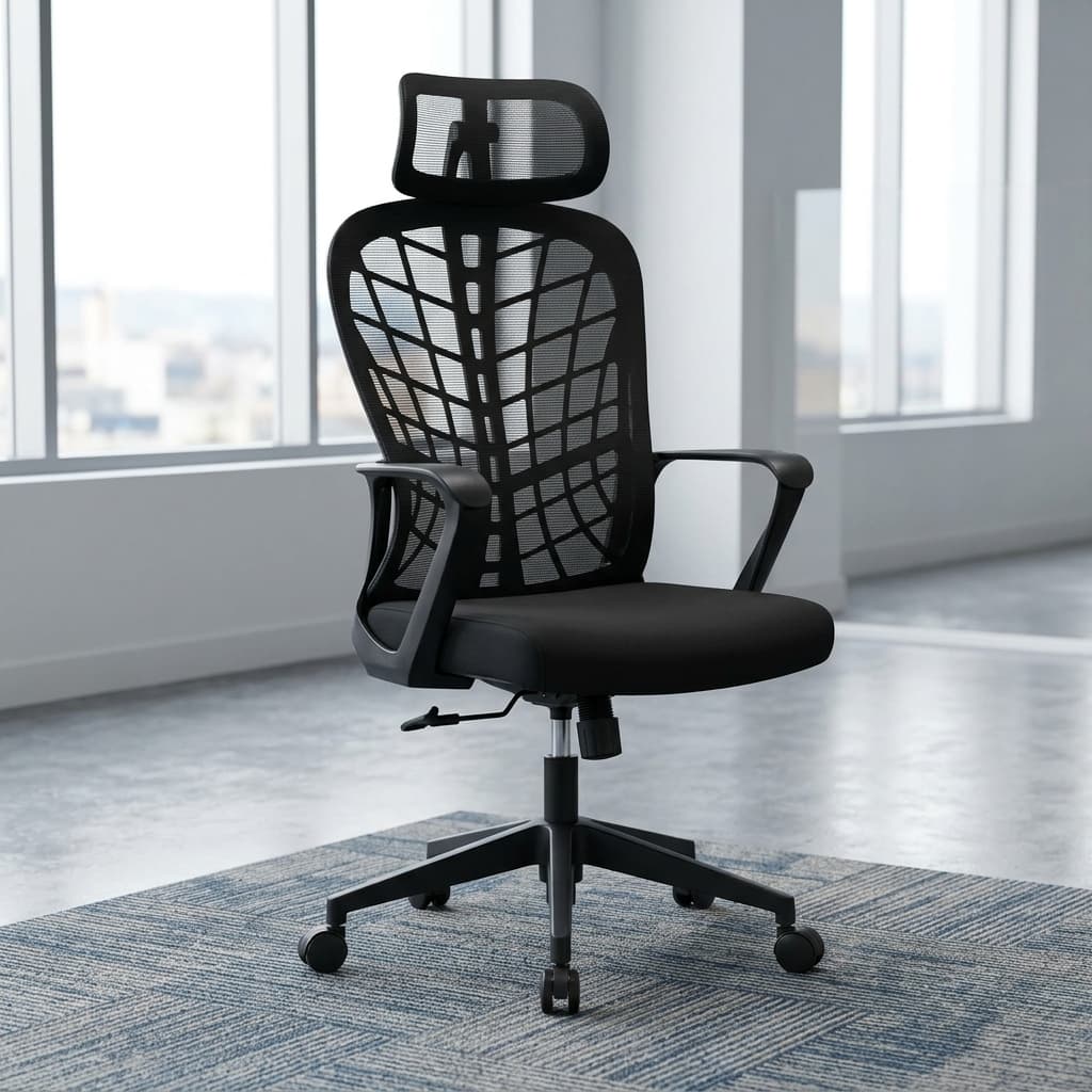 A black Ergonomic Mesh Office Chair featuring an adjustable mesh headrest, a contoured webbed mesh backrest, curved plastic armrests, a padded fabric seat cushion, and a five-star wheeled base.