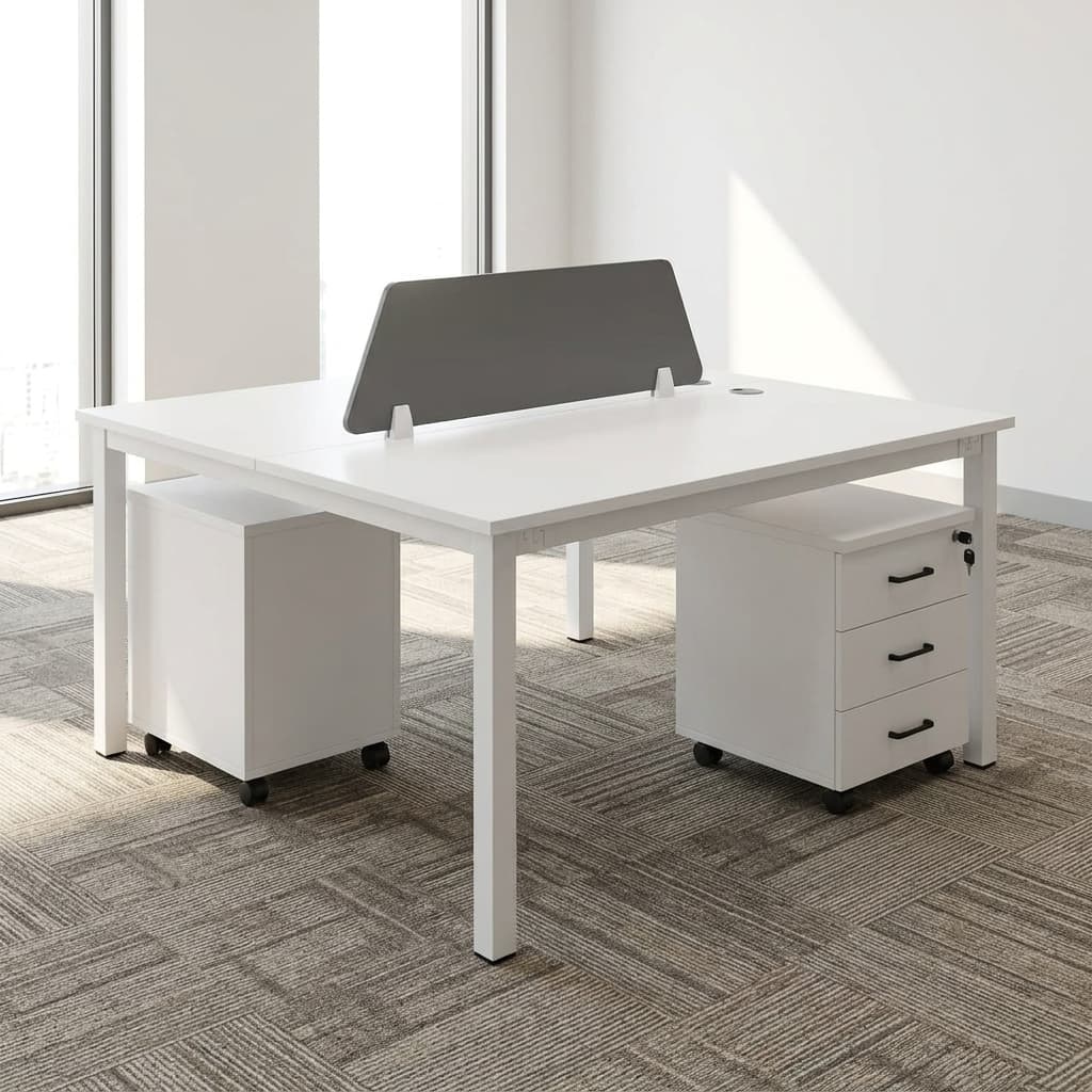 Shop the space-saving Modular Dual Office Workstation. Features a clean white tabletop, central privacy screen, and locking 3-drawer storage. Buy today!