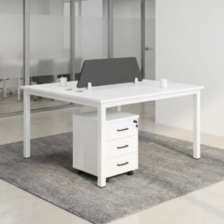 Shop the space-saving Modular Dual Office Workstation. Features a clean white tabletop, central privacy screen, and locking 3-drawer storage. Buy today!