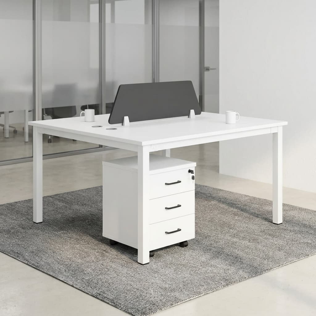 Shop the space-saving Modular Dual Office Workstation. Features a clean white tabletop, central privacy screen, and locking 3-drawer storage. Buy today!