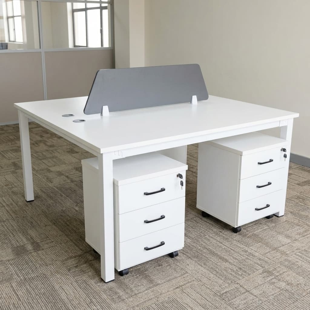 Shop the space-saving Modular Dual Office Workstation. Features a clean white tabletop, central privacy screen, and locking 3-drawer storage. Buy today!