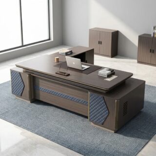 A premium wood grain Premium CEO L-Shaped Desk featuring dark grey diamond-quilted leather front accent panels, a floating desktop, an inlaid leather writing pad, and an integrated side return storage cabinet.