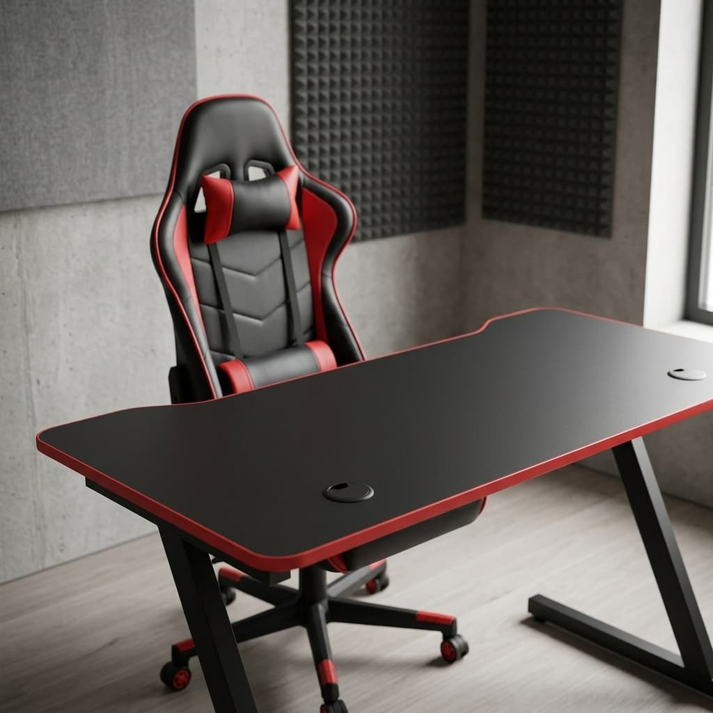 An Ergonomic Gaming Desk Set featuring a matte black rectangular desk with red edges and Z-shaped metal legs alongside a matching high-back red and black racing chair on wheels.