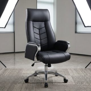 High-back executive office chair in black leather with chevron-stitched backrest cushioning, padded armrests with chrome trim, and a polished metal five-star wheeled base.