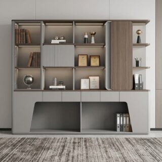 A wide, contemporary grey and walnut wood Executive Office Display Credenza Wall featuring integrated LED shelf lighting, a glass display cabinet, sliding panels, four drawers, and open lower storage bays.
