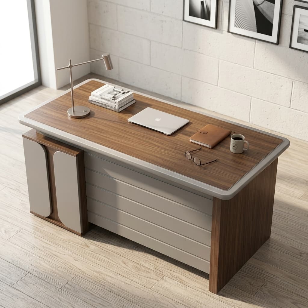 A walnut wood grain 1.2m Straight Office Desk featuring a smooth rectangular desktop surface, a beige slatted front modesty panel, and an integrated beige side return storage cabinet.