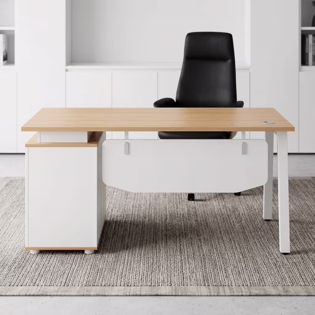 A Two-Tone 1.4m Executive Desk featuring a light oak wood grain desktop, a white lower side pedestal cabinet, a white floating modesty panel, and white metal legs.