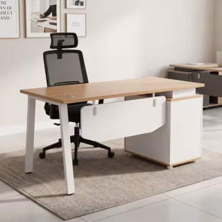 A Two-Tone 1.4m Executive Desk featuring a light oak wood grain desktop, a white lower side pedestal cabinet, a white floating modesty panel, and white metal legs.