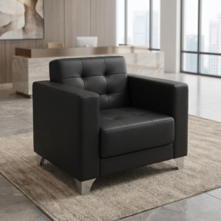 A premium black leather Executive Office Tufted Armchair featuring deep button-tufted seating, extra-wide block armrests, and polished chrome corner feet.