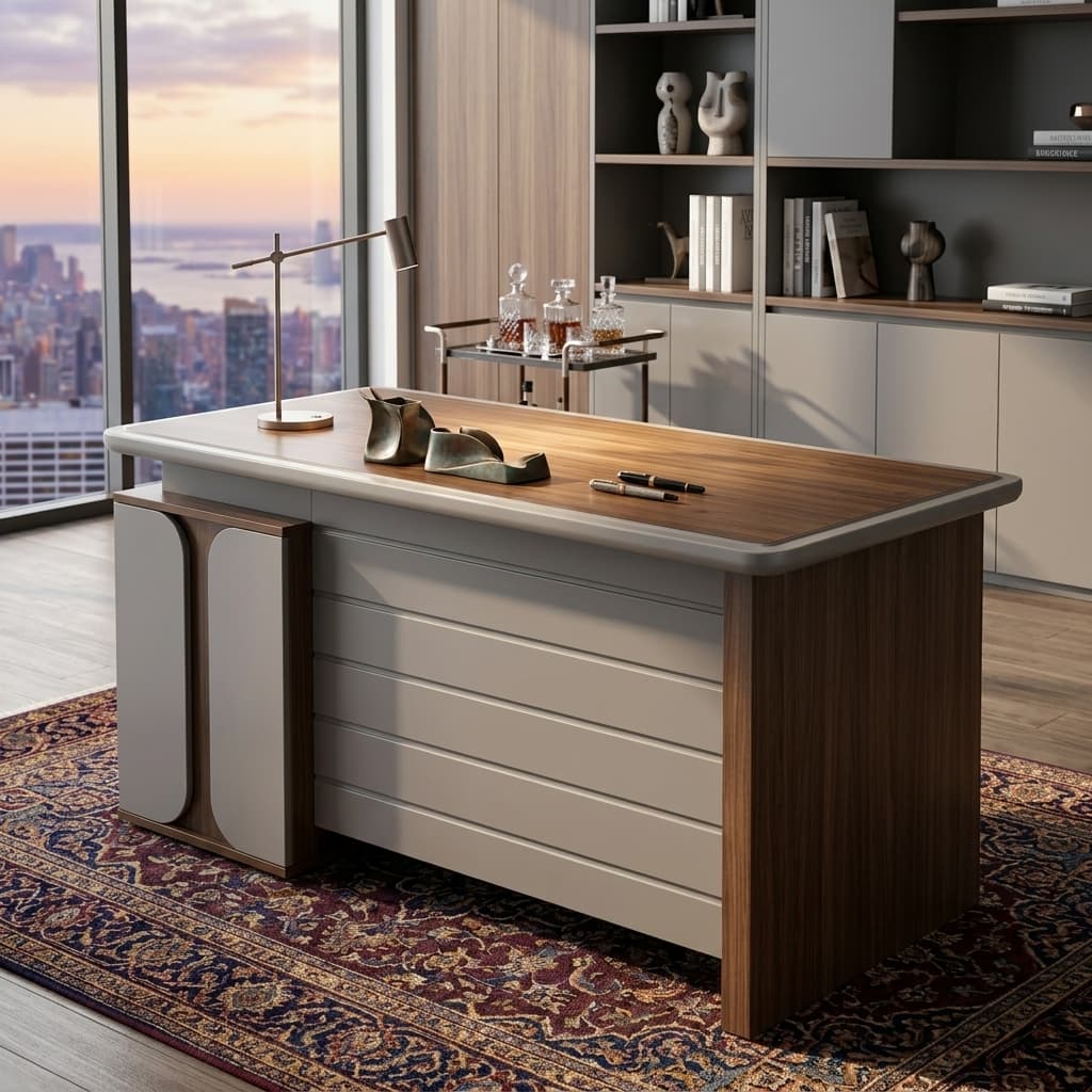 A walnut wood grain 1.2m Straight Office Desk featuring a smooth rectangular desktop surface, a beige slatted front modesty panel, and an integrated beige side return storage cabinet.