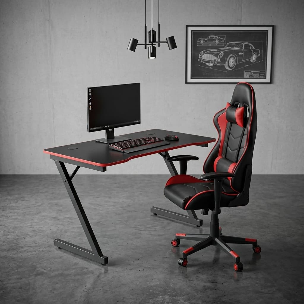 An Ergonomic Gaming Desk Set featuring a matte black rectangular desk with red edges and Z-shaped metal legs alongside a matching high-back red and black racing chair on wheels.
