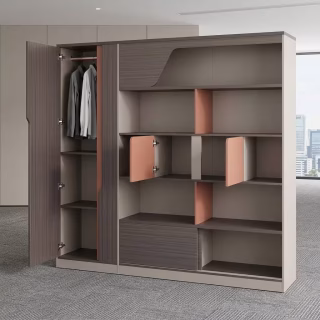 A tall, wide slate grey wood grain Multi-Functional Office Bookshelf Unit featuring an open left-side wardrobe door, multi-tier open shelves with terracotta orange dividers, and two small central swinging cabinet doors.