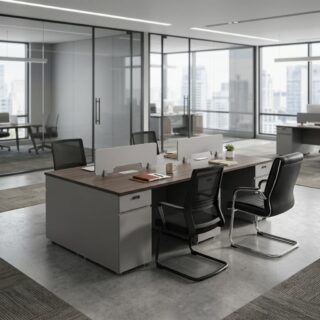 A modular 4-Way Modular Workstation featuring four dark wood grain tabletops arranged in a back-to-back layout with grey storage pedestals and white privacy partition screens.