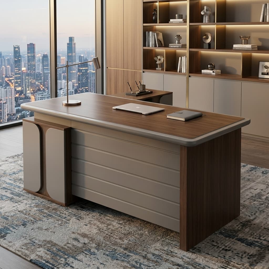 A walnut wood grain 1.2m Straight Office Desk featuring a smooth rectangular desktop surface, a beige slatted front modesty panel, and an integrated beige side return storage cabinet.