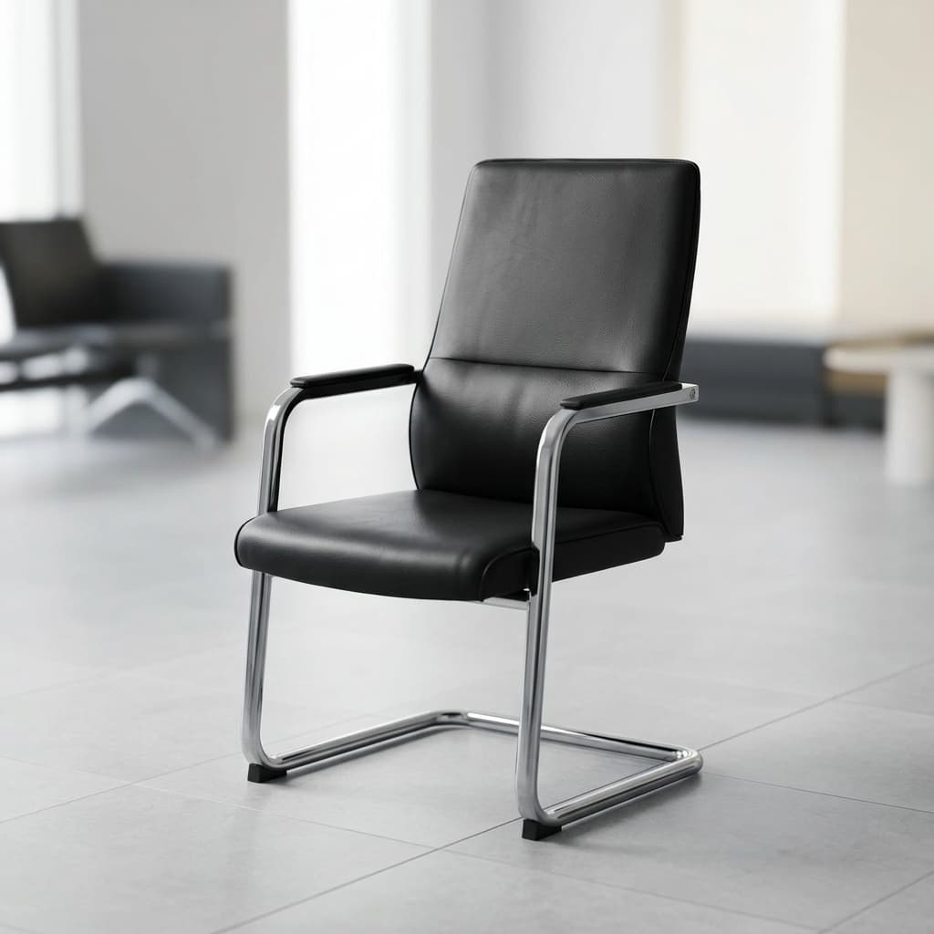 A black leather Executive Leather Sled Chair featuring a high-back stitched seat cushion, a continuous chrome-plated steel cantilever sled base, and matching slim armrests with black padded tops.