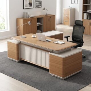 A light oak wood Premium Oak Executive Desk featuring a front fluted white modesty panel, a floating desktop design with rounded corners, and dual integrated side return storage pedestals.