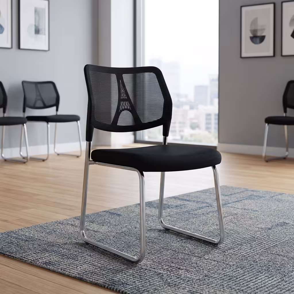 A black Minimalist Sled Base Chair featuring an armless design, a breathable mesh backrest with an Eiffel Tower support pattern, a padded black fabric seat, and a reflective chrome steel sled frame.