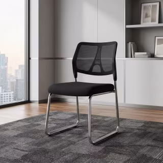 A black Minimalist Sled Base Chair featuring an armless design, a breathable mesh backrest with an Eiffel Tower support pattern, a padded black fabric seat, and a reflective chrome steel sled frame.