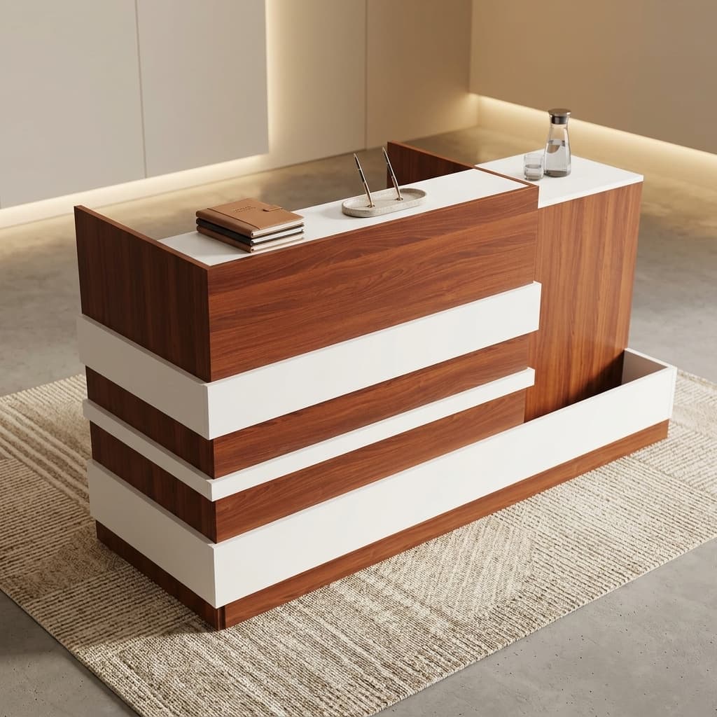 Modern two-tone wood and white reception desk for office in Kenya