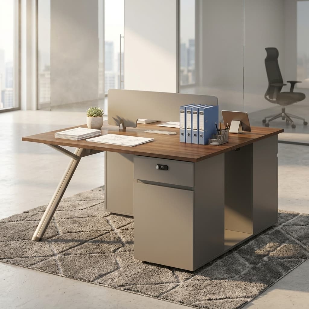2-person modern workstation desk in dark walnut wood finish with grey lockable storage pedestal and angled legs
