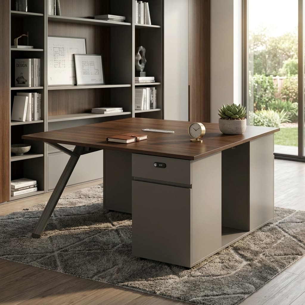 2-person modern workstation desk in dark walnut wood finish with grey lockable storage pedestal and angled legs