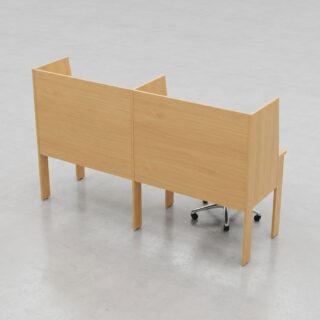 2-person wooden workstation desk in natural oak finish with high privacy dividers for office and call center use