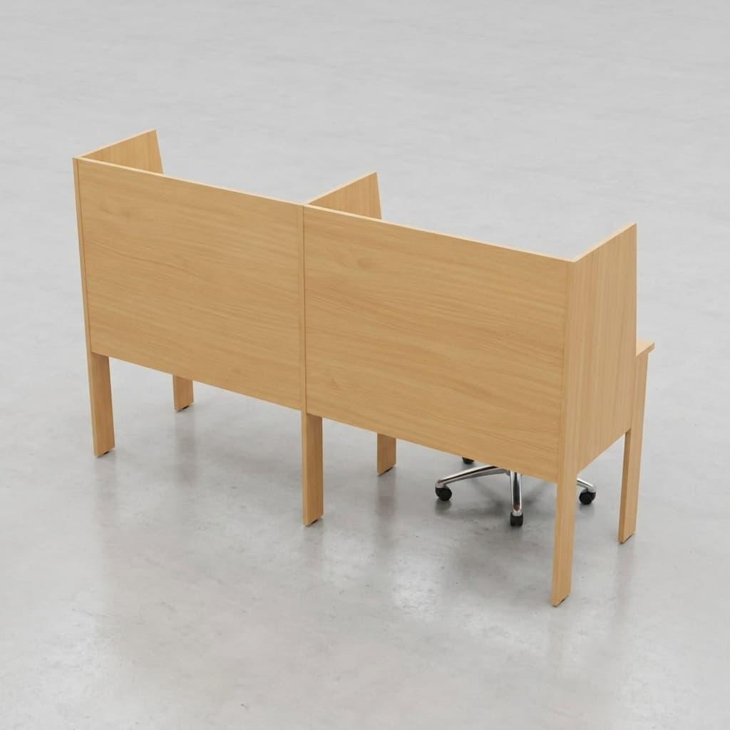 2-person wooden workstation desk in natural oak finish with high privacy dividers for office and call center use