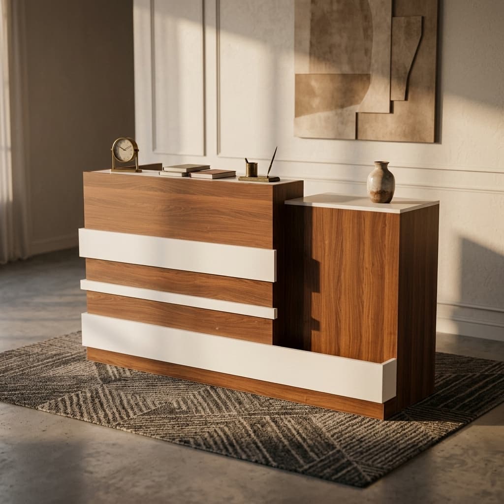 Modern two-tone wood and white reception desk for office in Kenya