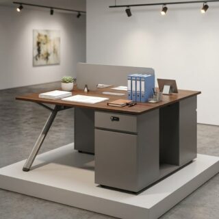 2-person modern workstation desk in dark walnut wood finish with grey lockable storage pedestal and angled legs