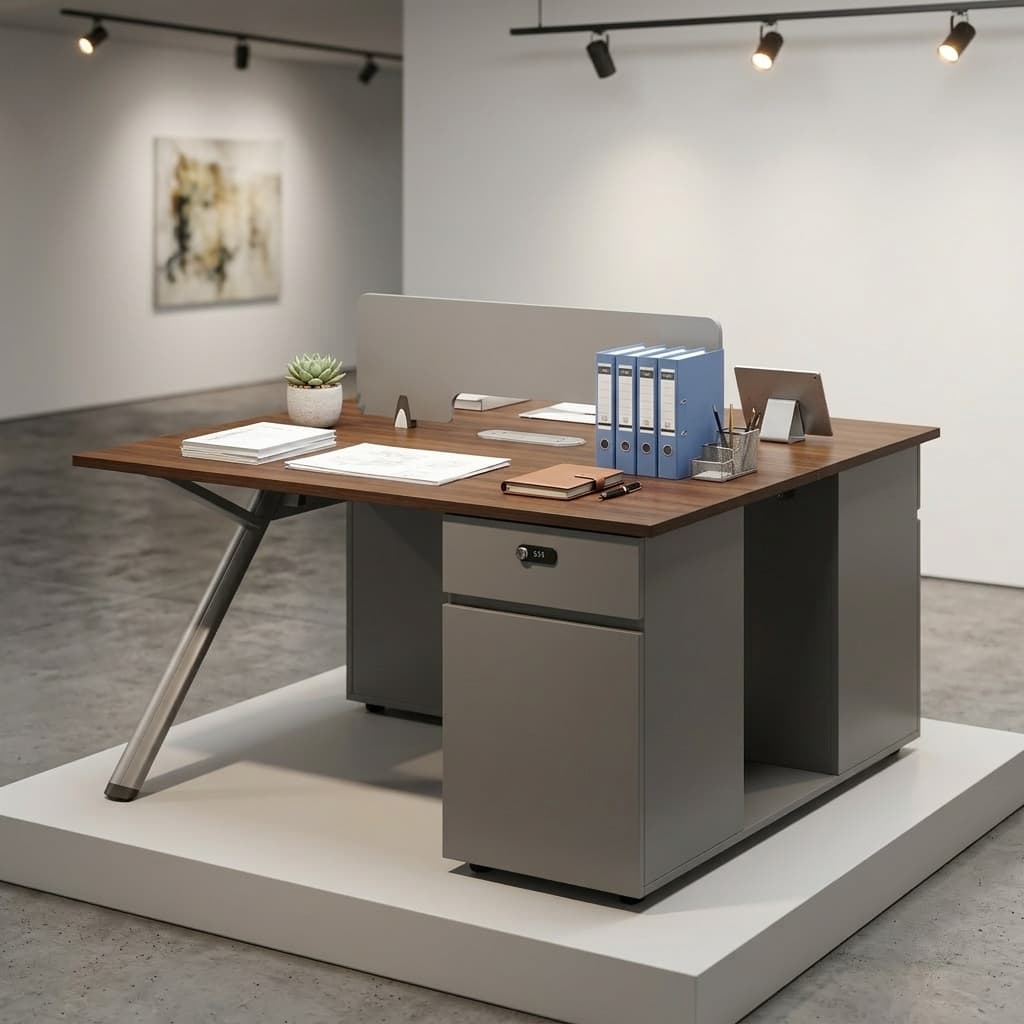 2-person modern workstation desk in dark walnut wood finish with grey lockable storage pedestal and angled legs
