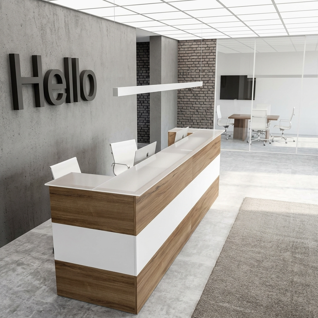 Modern wooden reception desk with white and wood finish for office reception in Kenya