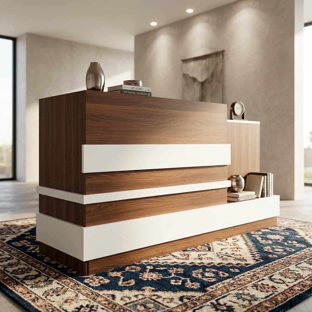 Modern two-tone wood and white reception desk for office in Kenya
