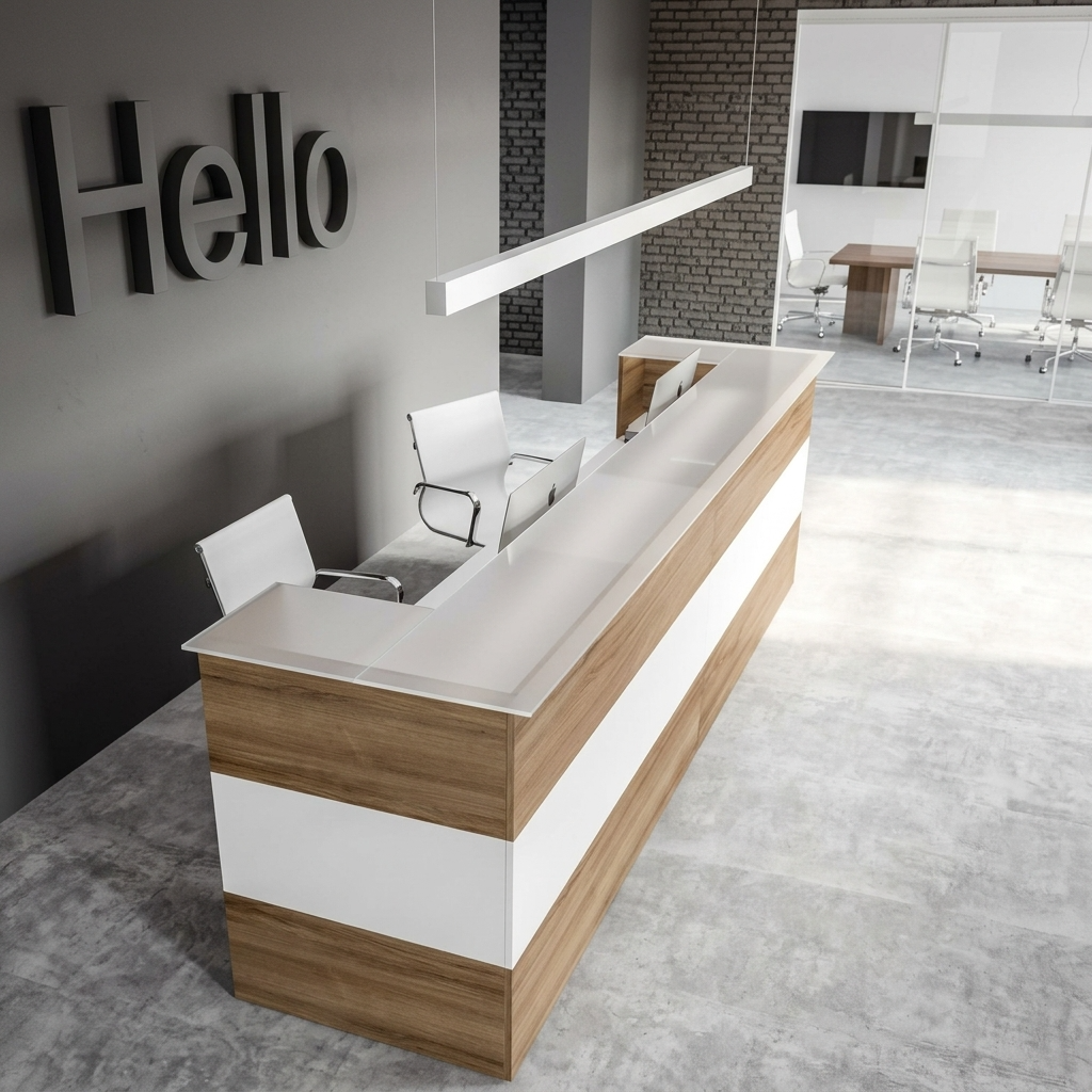 Modern wooden reception desk with white and wood finish for office reception in Kenya