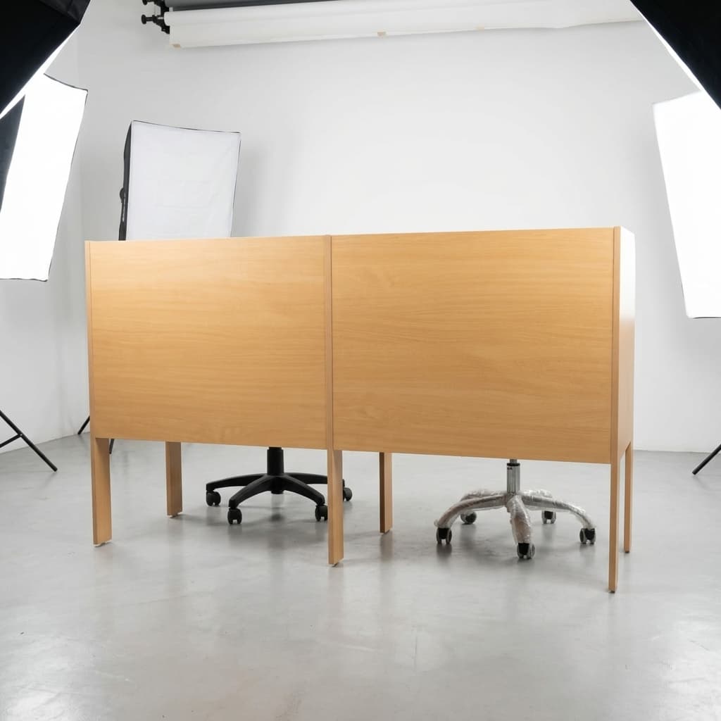 2-person wooden workstation desk in natural oak finish with high privacy dividers for office and call center use