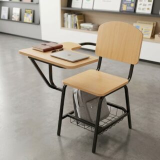 wooden lecture chair with writing tablet and under-seat storage basket for classroom training in Nairobi Kenya
