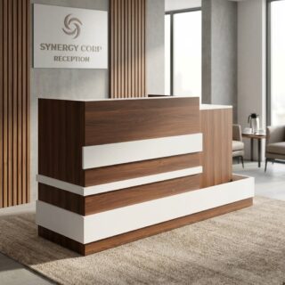 Modern two-tone wood and white reception desk for office in Kenya