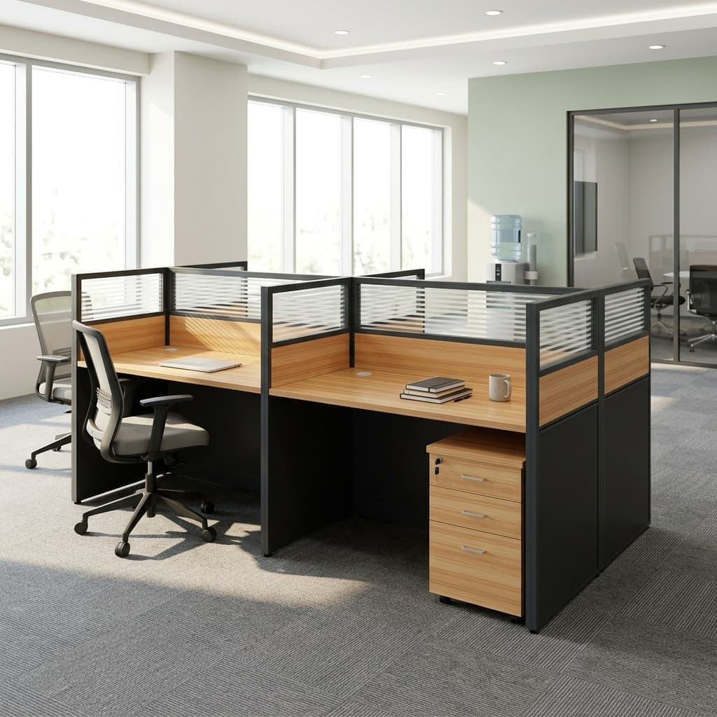 4-Way Brown Office Workstation with partition panels