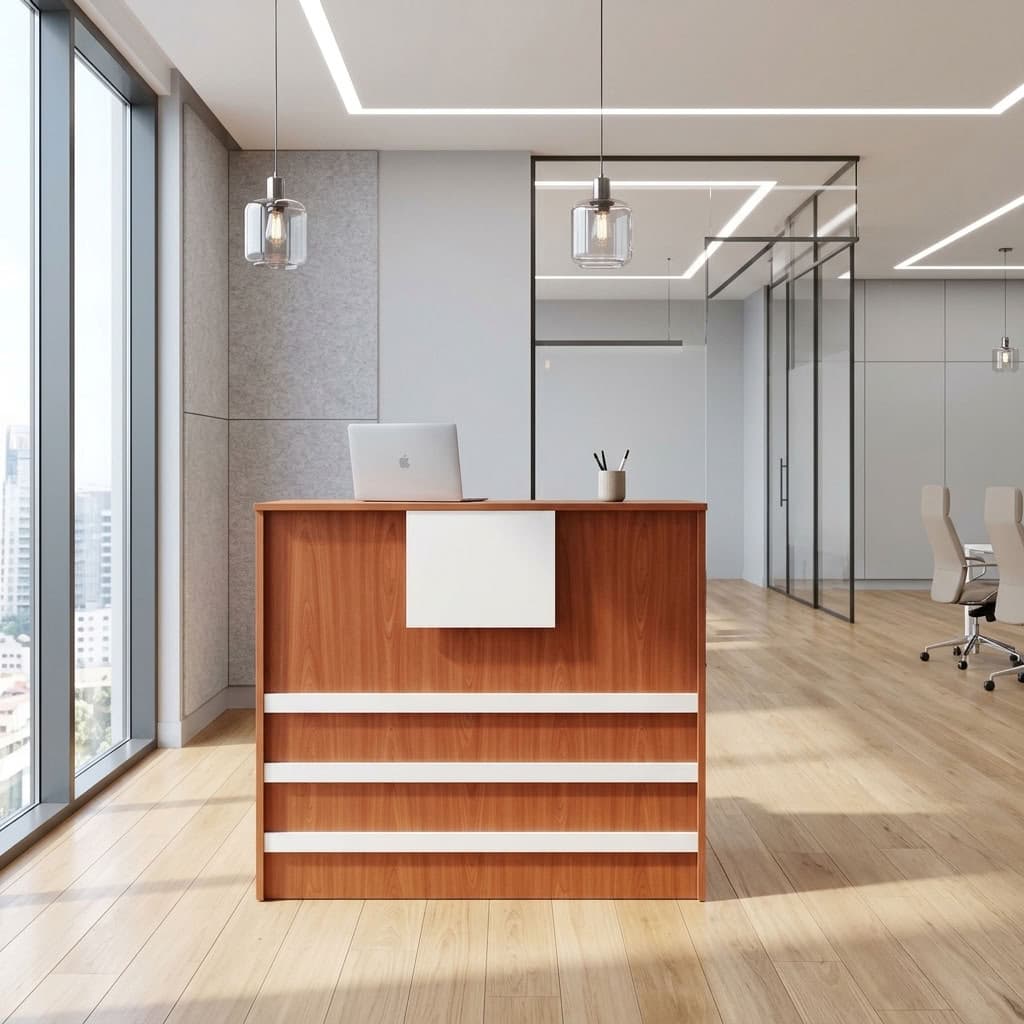 1200mm reception office desk with wood finish and white accents