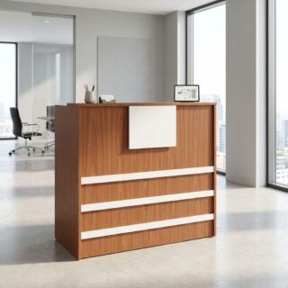 1200mm reception office desk with wood finish and white accents